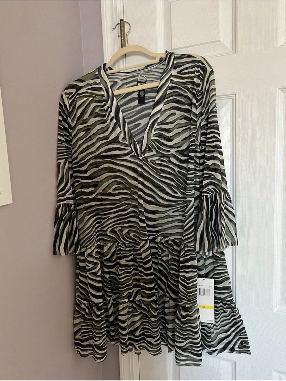 NWT Coco Reef Zebra-Print V-Neck Tiered Swim Coverup - Black & White